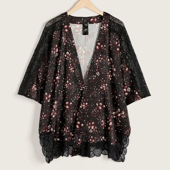 Ashley Graham - Printed Satin Floral Kimono with Lace Insert - Picture 7 of 15